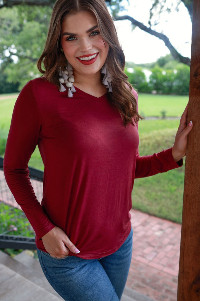 long sleeve basic tee with a high v-neckline