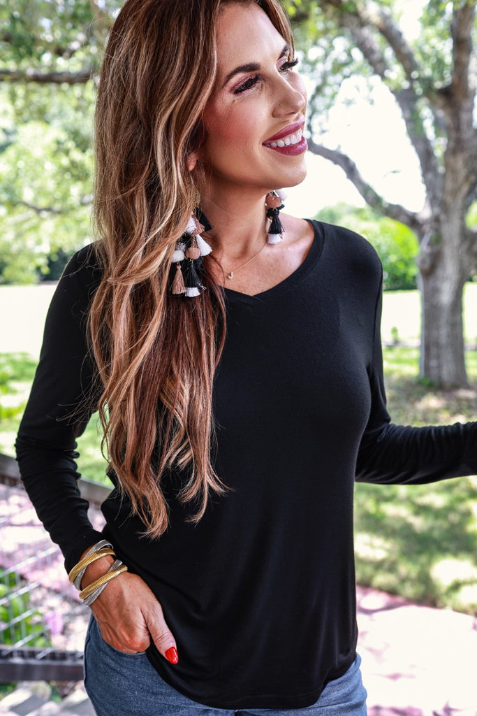 long sleeve basic tee with a high v-neckline