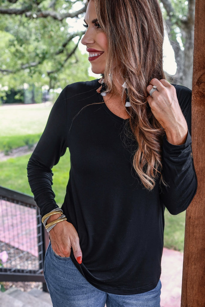 long sleeve basic tee with a high v-neckline