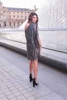 one-shoulder sequin dress with an elastic waistband in multi