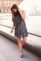 one-shoulder sequin dress with an elastic waistband in multi