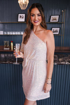 one-shoulder sequin dress with an elastic waistband in iridescent