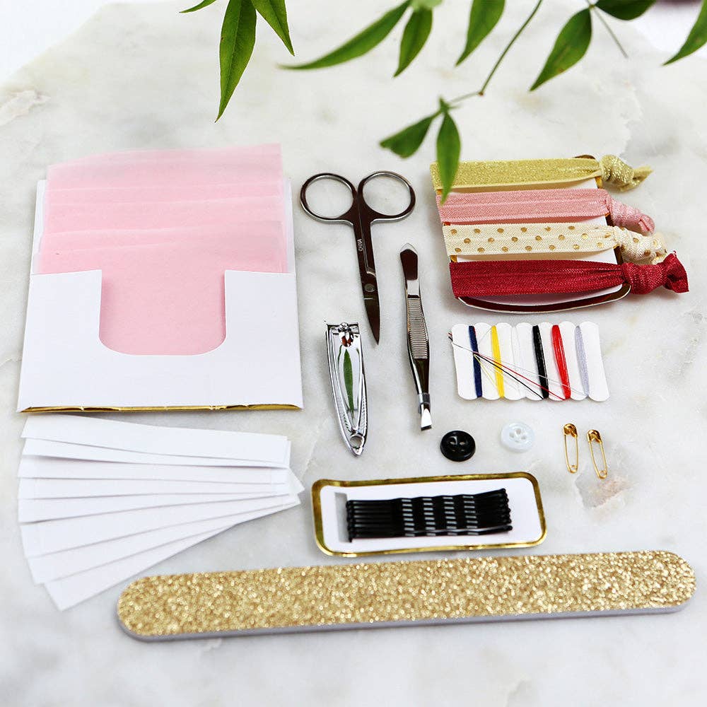 a practical and adorable red with soft pink watercolor wedding survival kit with items brides and bridesmaids need to ensure the wedding day goes smoothly