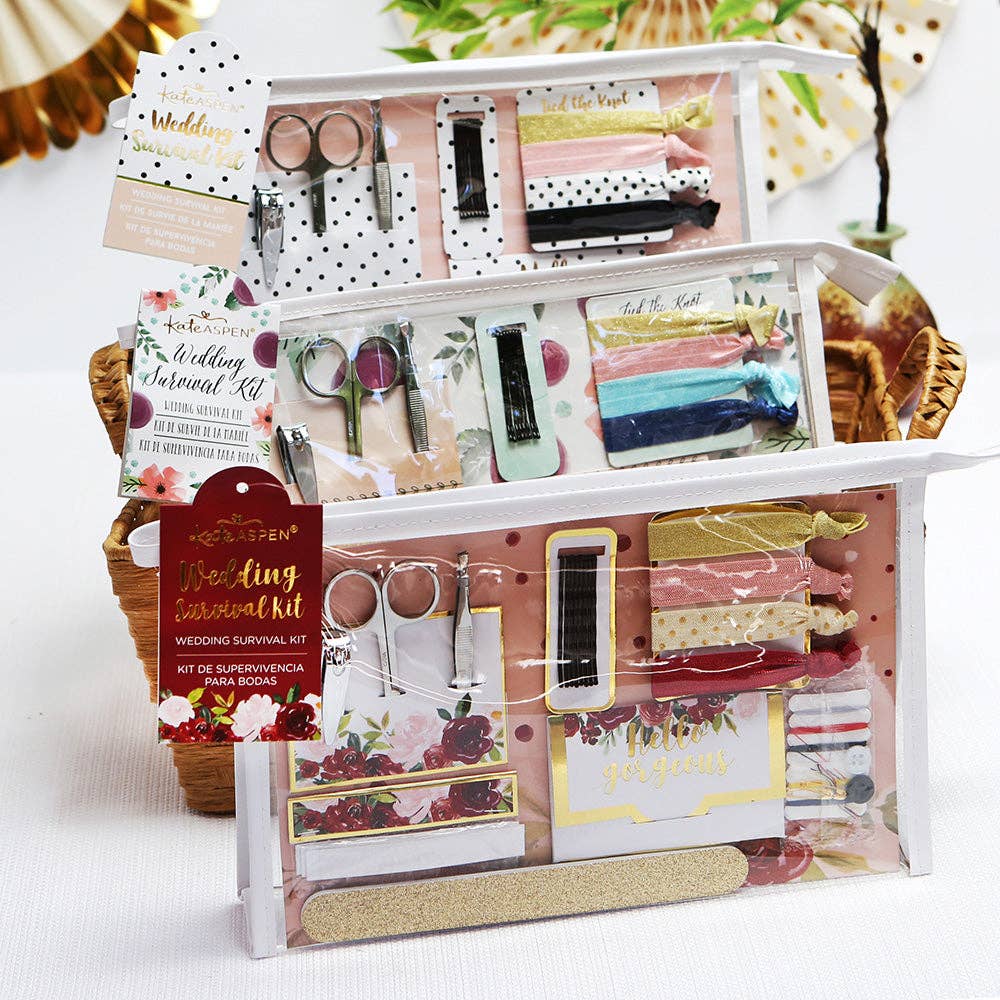 a practical and adorable red with soft pink watercolor wedding survival kit with items brides and bridesmaids need to ensure the wedding day goes smoothly