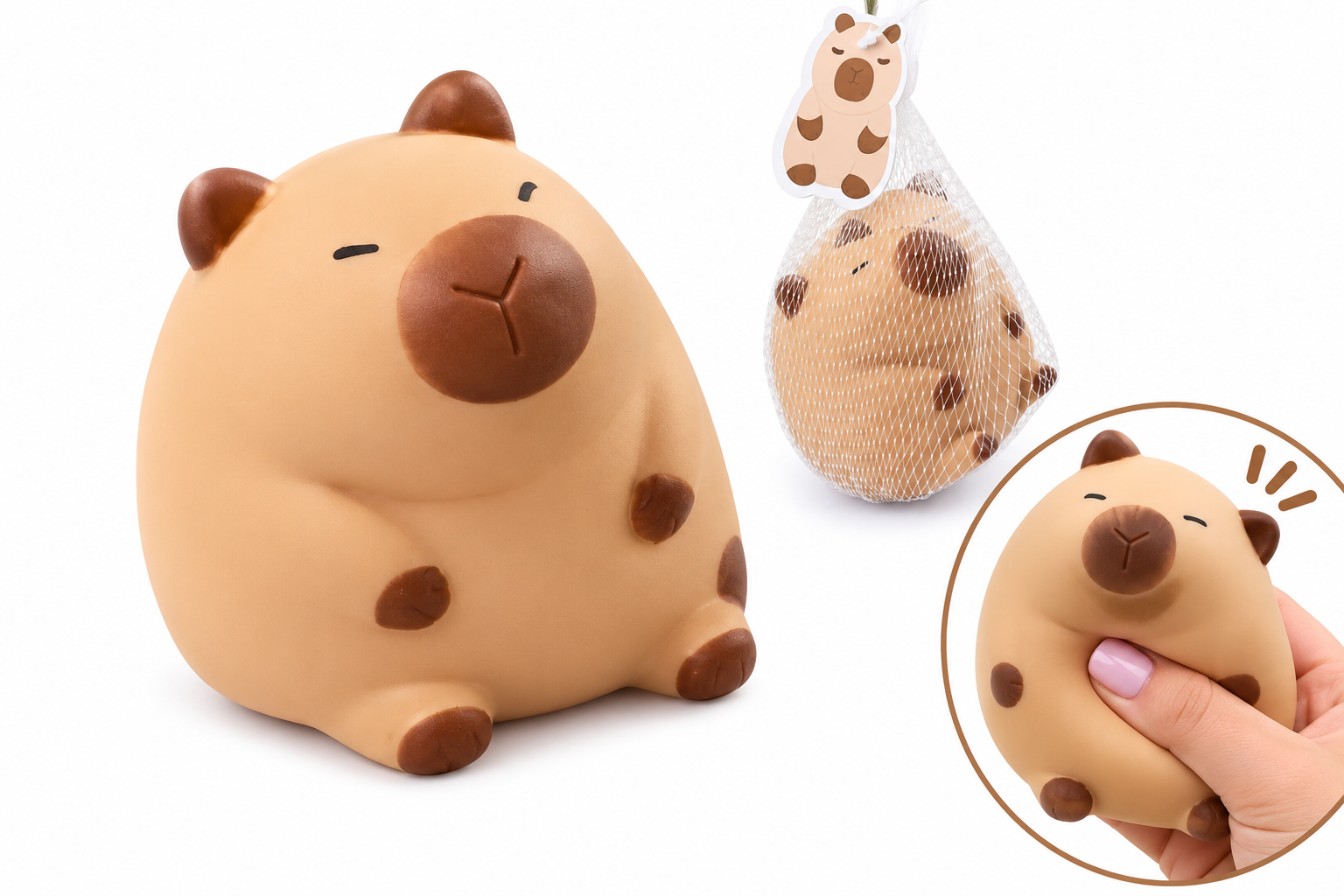 a capybara-inspired squishy toy with a rounded tan body, brown accent details, sleepy face, and smooth squeezable texture