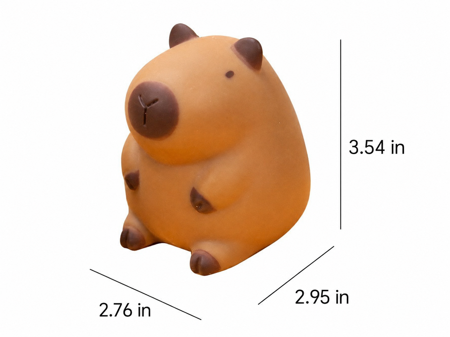 a capybara-inspired squishy toy with a rounded tan body, brown accent details, sleepy face, smooth squeezable texture , and size measurements