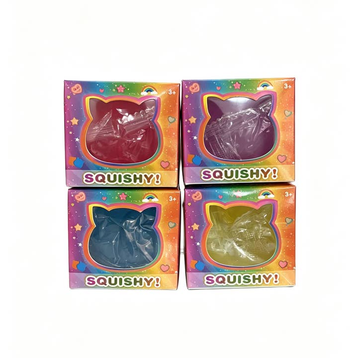 a soft jelly-like chubby kitty squishy with closed eyes, a super slow-rising texture, a stretchy squeezable feel, and a bright translucent color available in blue, pink, purple, and yellow