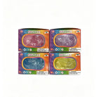 a soft jelly-like chubby kitty squishy with closed eyes, a super slow-rising texture, a stretchy squeezable feel, and a bright translucent color available in blue, pink, purple, and yellow