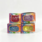 a soft jelly-like chubby kitty squishy with closed eyes, a super slow-rising texture, a stretchy squeezable feel, and a bright translucent color available in blue, pink, purple, and yellow