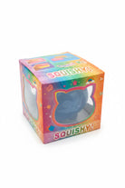 a soft blue jelly-like chubby kitty squishy with closed eyes, a super slow-rising texture, a stretchy squeezable feel, and a bright translucent color