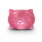 a soft pink jelly-like chubby kitty squishy with closed eyes, a super slow-rising texture, a stretchy squeezable feel, and a bright translucent color