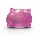 a soft purple jelly-like chubby kitty squishy with closed eyes, a super slow-rising texture, a stretchy squeezable feel, and a bright translucent color