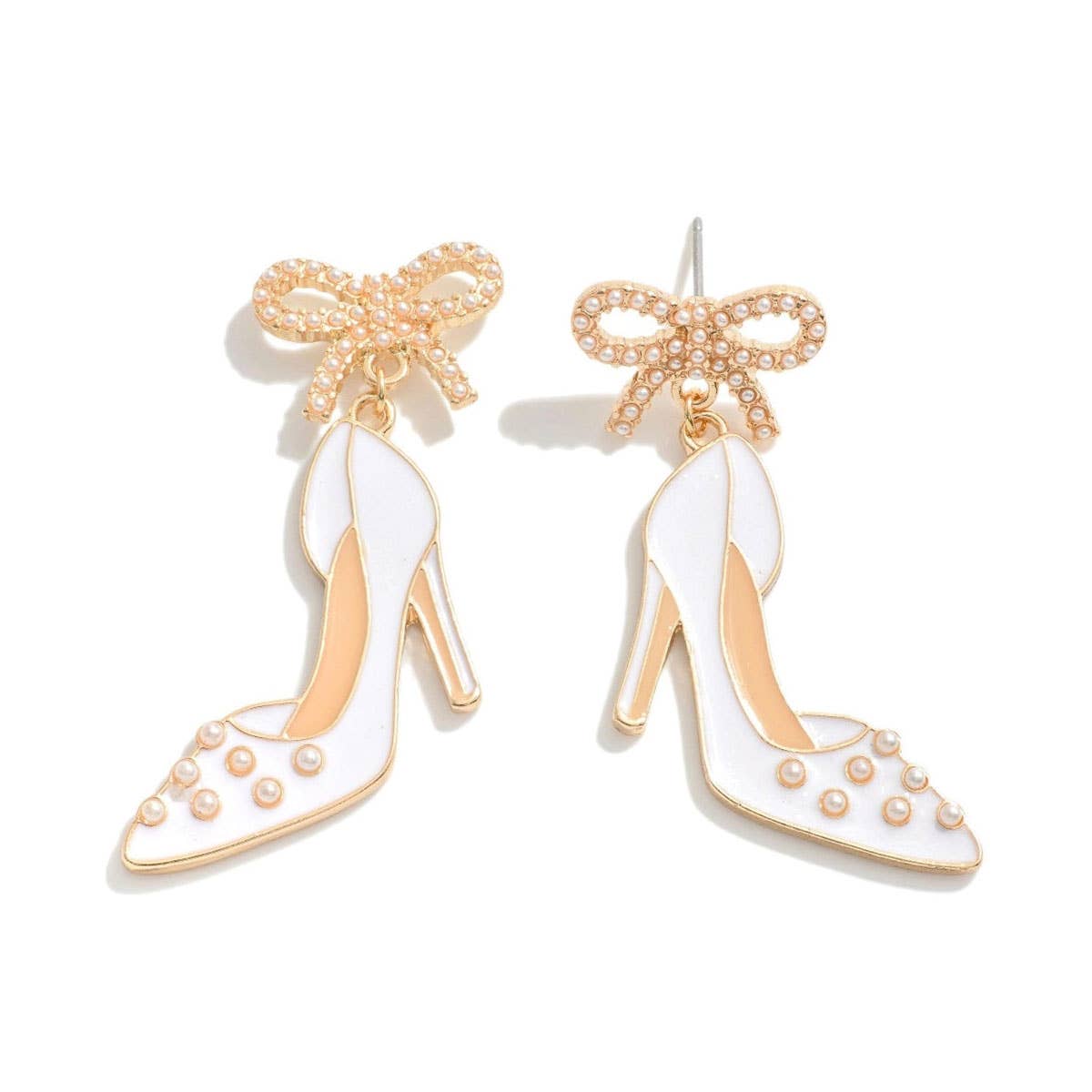 High-heeled shoe earrings with gold accents and bows on a white background