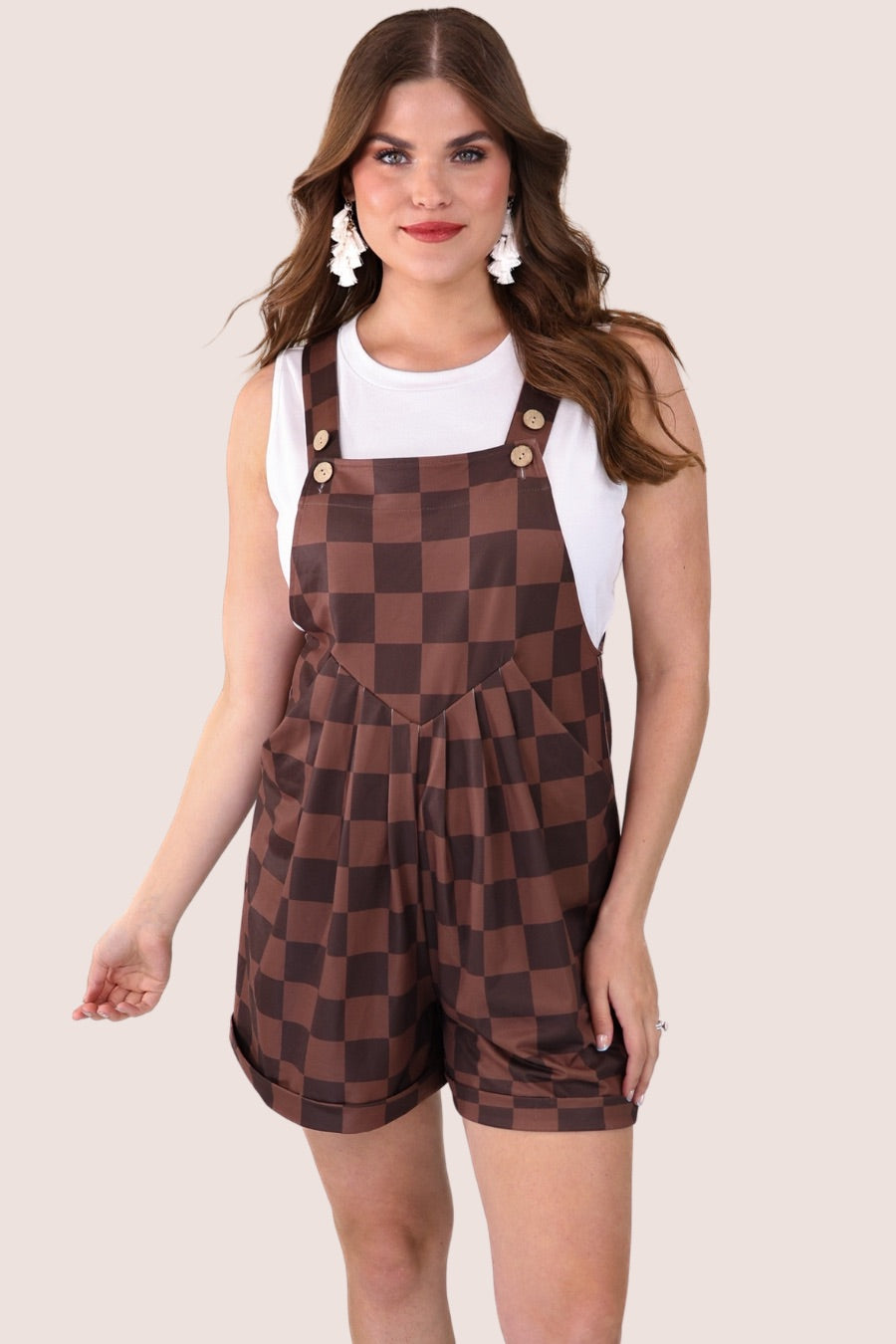 brown checkered overall shorts made from our best-selling everyday fabric with functional button straps, cuffed hems, and side pockets