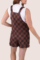 brown checkered overall shorts made from our best-selling everyday fabric with functional button straps, cuffed hems, and side pockets