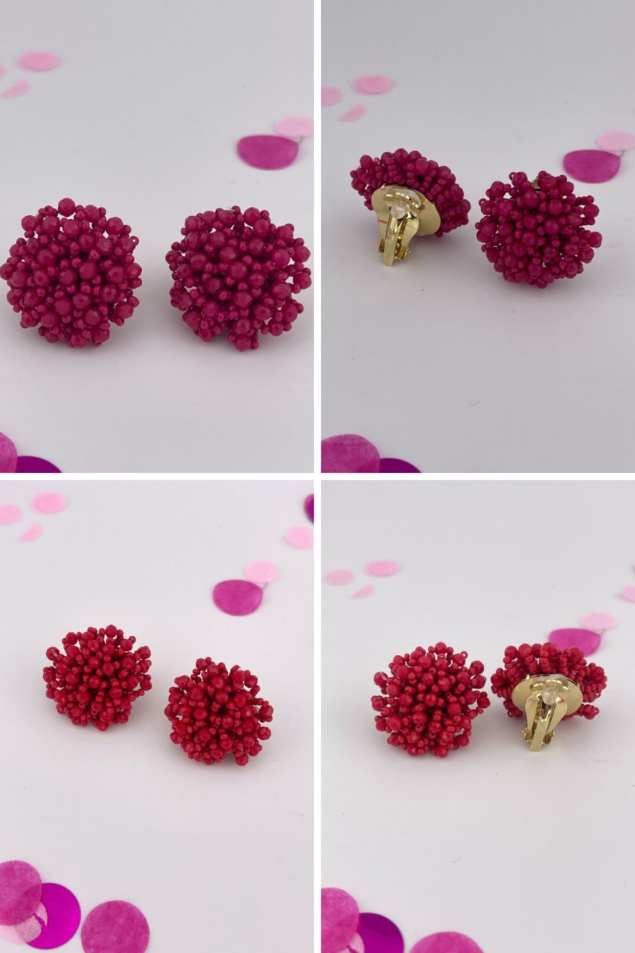 mix of size beads in a pom shape with a clip-on closure