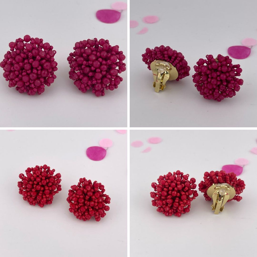 mix of size beads in a pom shape with a clip-on closure