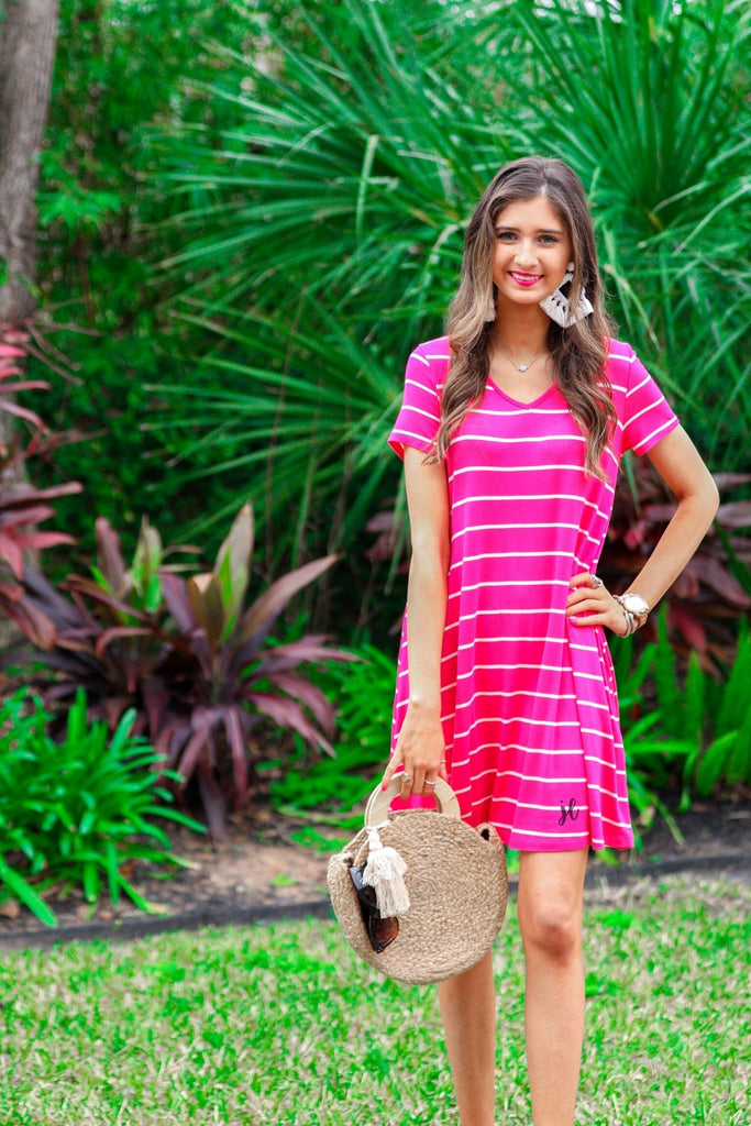 Abby Perfect V-Neck Striped Dress HOT PINK (Taylor)