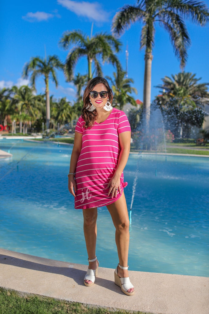 Abby Perfect V-Neck Striped Dress HOT PINK (Darby)