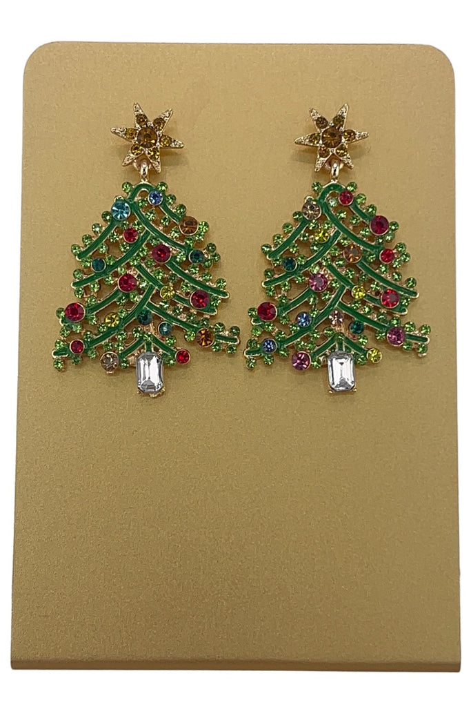 festive Christmas tree adorned with multicolored rhinestones & topped with a Christmas star