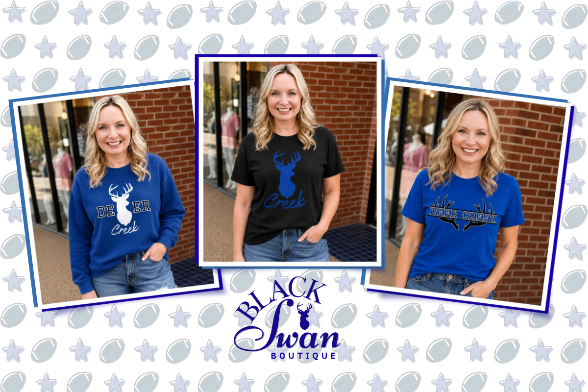 Three women modeling custom graphic t-shirts in different colors (blue, black, and royal blue) with deer head designs, displayed in a collage format with a 'Black Swan Boutique' logo at the bottom.