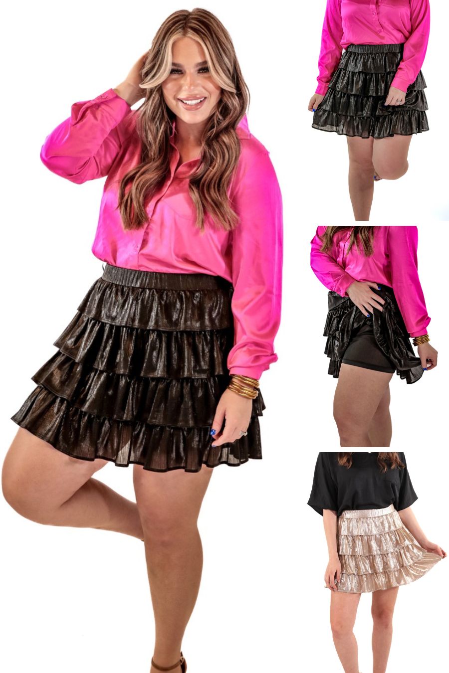 a four-tiered design skort with built-in shorts and an elastic waistband on a metallic fabric in black and gold