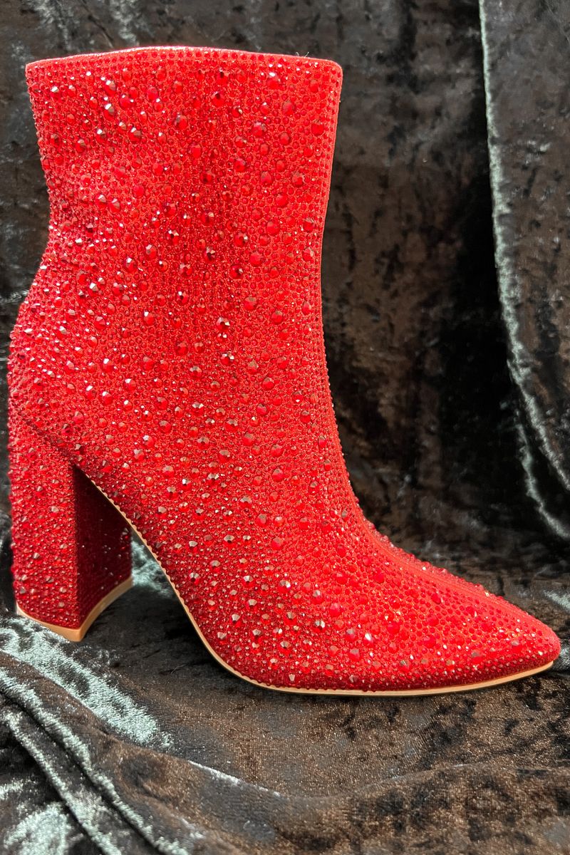rhinestone-covered booties with a pointed toe, front seam, inside zipper, cushioned flatbed, and a 4" block heel in red