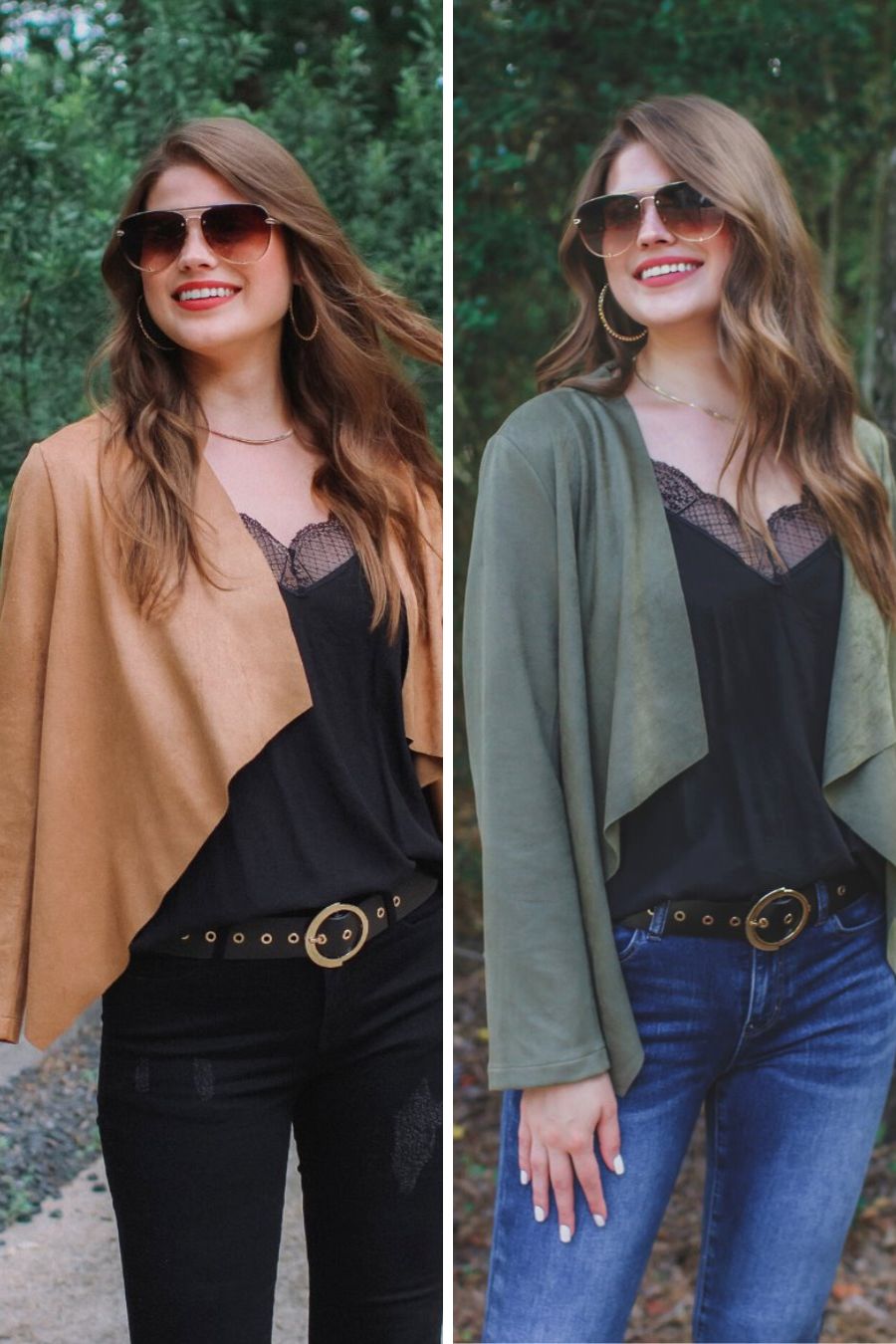 draped open-front silhouette jacket, crafted on a super soft faux suede material with long sleeves, an angled front cropped hem, and subtle seam details on the back in camel or olive