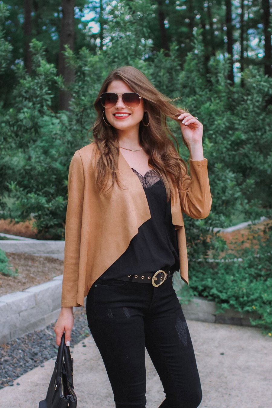 draped open-front silhouette jacket, crafted on a super soft faux suede material with long sleeves, an angled front cropped hem, and subtle seam details on the back in camel