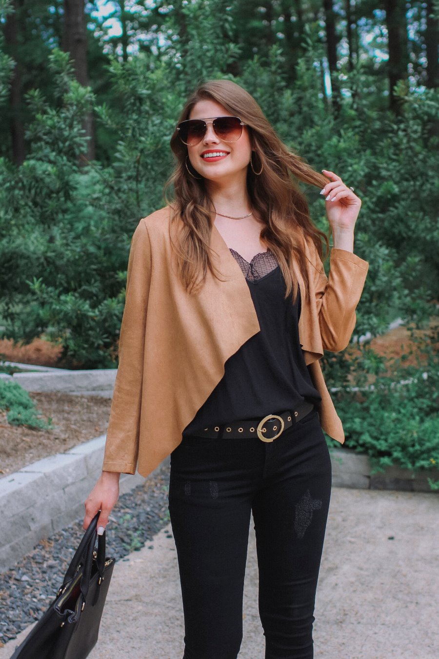 draped open-front silhouette jacket, crafted on a super soft faux suede material with long sleeves, an angled front cropped hem, and subtle seam details on the back in camel