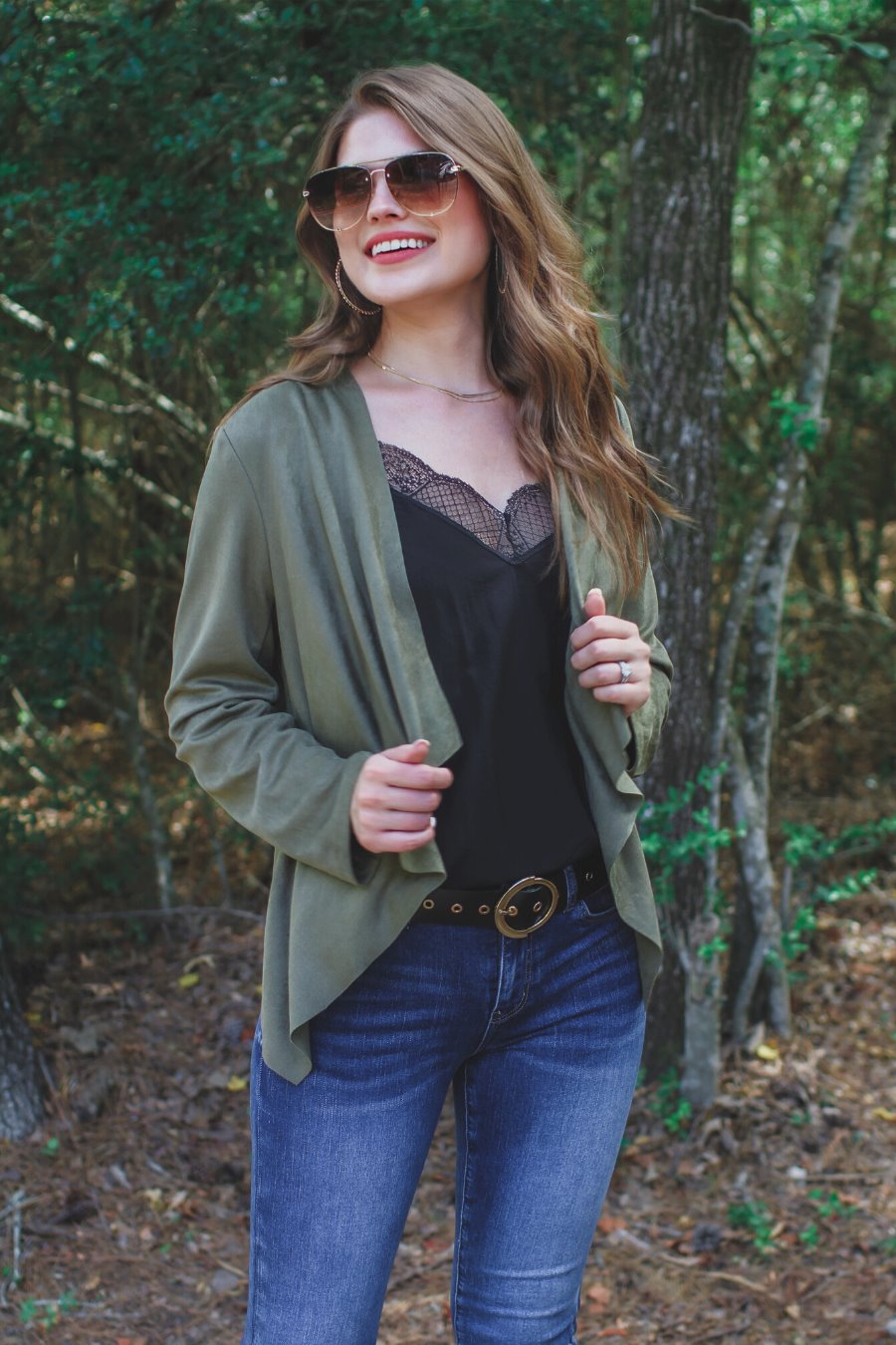 draped open-front silhouette jacket, crafted on a super soft faux suede material with long sleeves, an angled front cropped hem, and subtle seam details on the back in olive