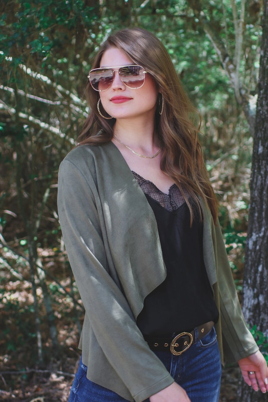 draped open-front silhouette jacket, crafted on a super soft faux suede material with long sleeves, an angled front cropped hem, and subtle seam details on the back in olive