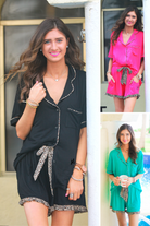 a short sleeve button-down style top with a folded collar and a chest pocket paired with leopard ruffle hem shorts, faux tie, an elastic waist, and side pockets all with a leopard trim on a soft lightweight stretchy fabric in black, hot pink, and teal