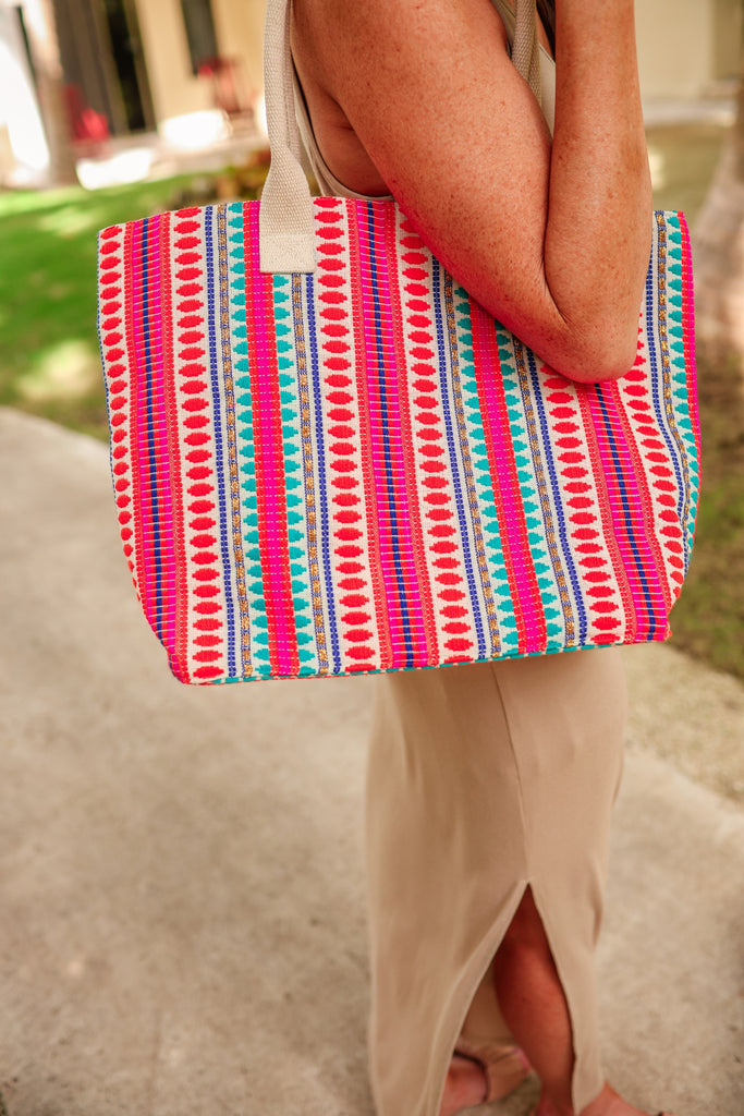 a colorful, eye-catching pattern tote bag with shoulder straps