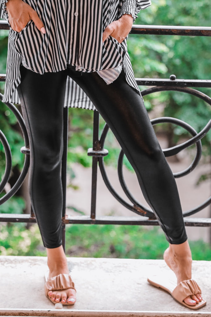 lightweight, breathable black faux leather leggings