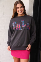 long-sleeve gray pullover with plaid 'FALL' letters in our exclusive Patterned In Plaid print, each outlined in sequins on a soft, cozy fabric