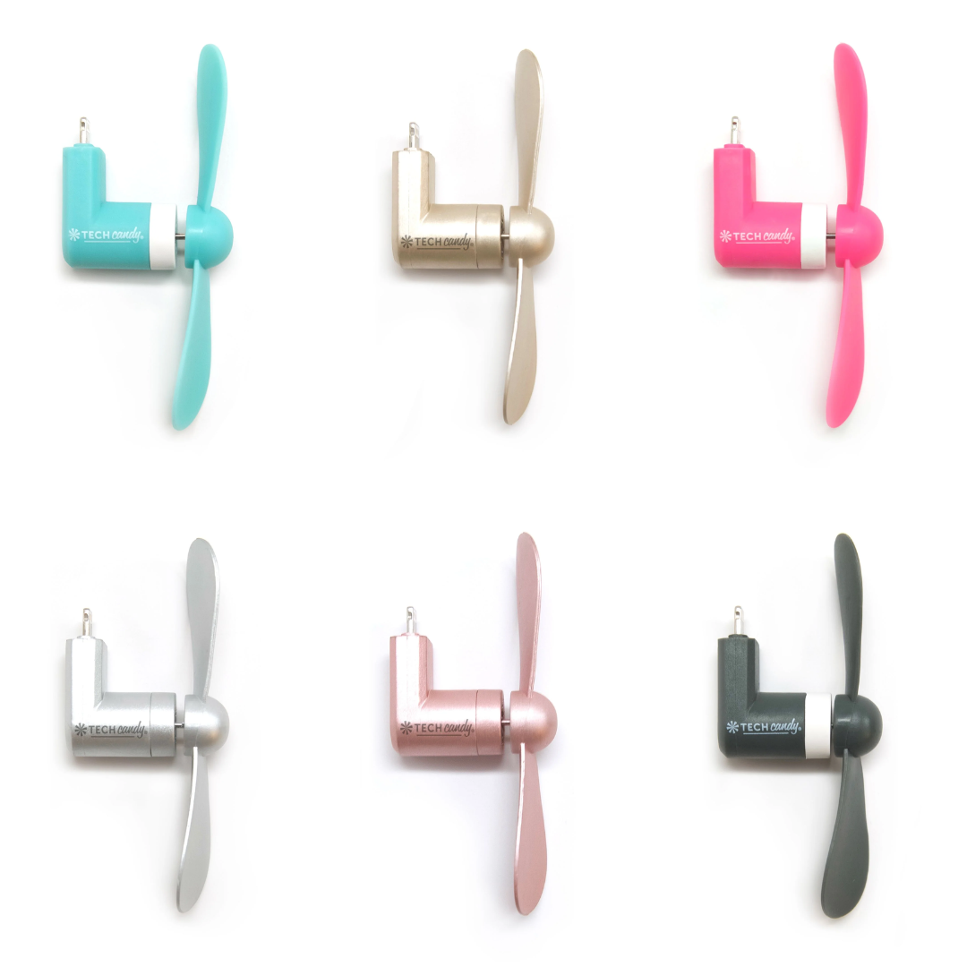 Six small L-shaped magnetic fan propellers arranged in a 2x3 grid on a white background, shown in aquamarine, gold, neon pink, platinum, rose gold, and slate. Each fan has a visible Tech Candy logo on the side.