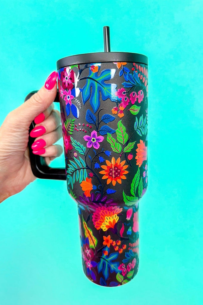 40 oz tumbler cup in our popular Fiesta Time in black with a reusable straw, handle, screw-on lid, car cup holder compatible, and dishwasher safe