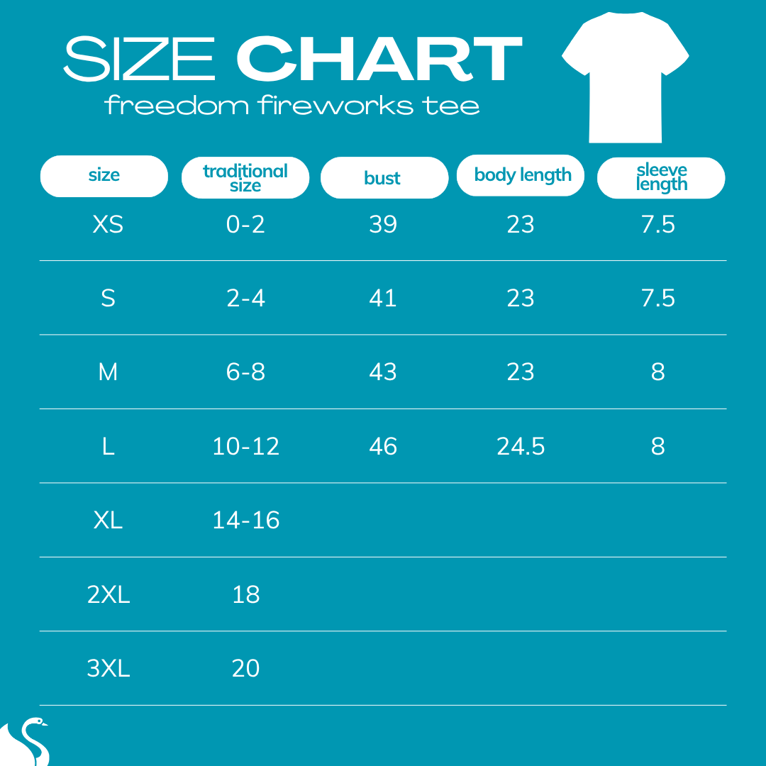 size chart for FREEDOM FIREWORKS TEE