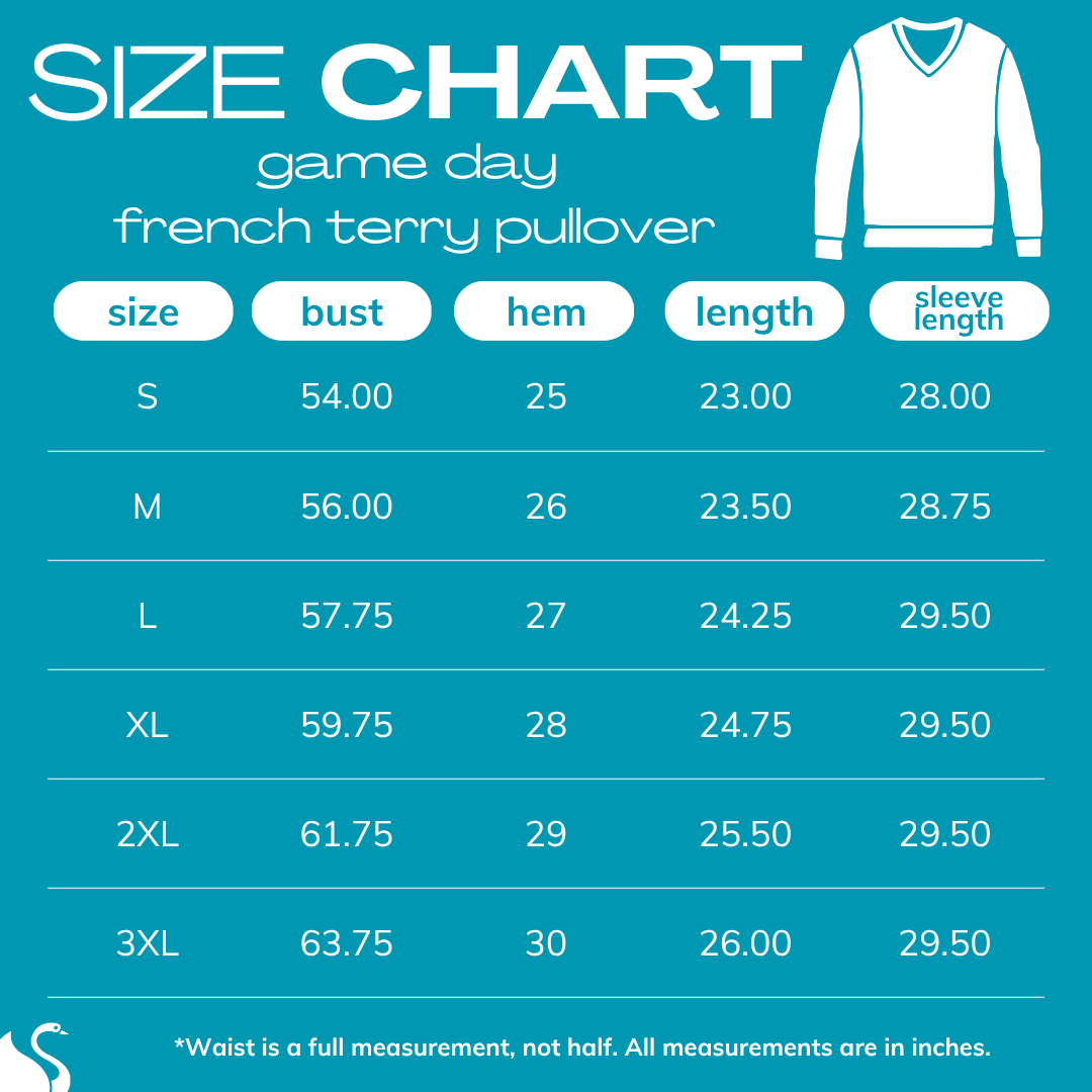 A size chart graphic for a French Terry pullover sweater, showing measurements for sizes S through 3XL including bust, hem, length, and sleeve length in inches on a teal background.