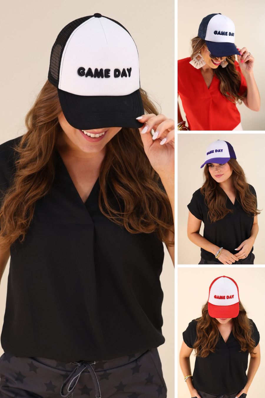 lightweight two-tone trucker hats with raised embroidered 'GAME DAY' lettering, tall foam front panel, breathable mesh back, snapback closure, and a curved bill in black, navy, purple, and red