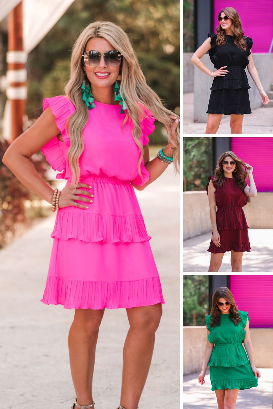 ruffled sleeve dress with layered pleats, an elastic waistband, and a lined bottom in black, burgundy, green, and pink