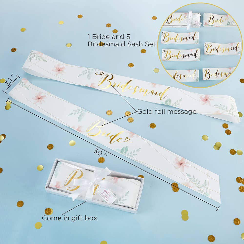 Bride and bridesmaid sash set with floral design and gold foil text on a blue background.