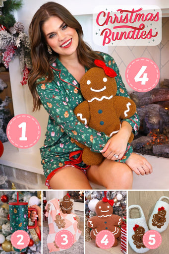 five-piece gingerbread girl bundle set with a long sleeve top and ruffle short pajama set, blanket, pillow, slippers, and tumbler