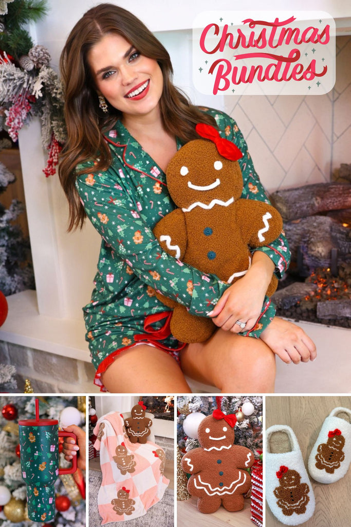 five-piece gingerbread girl bundle set with a long sleeve top and ruffle short pajama set, blanket, pillow, slippers, and tumbler