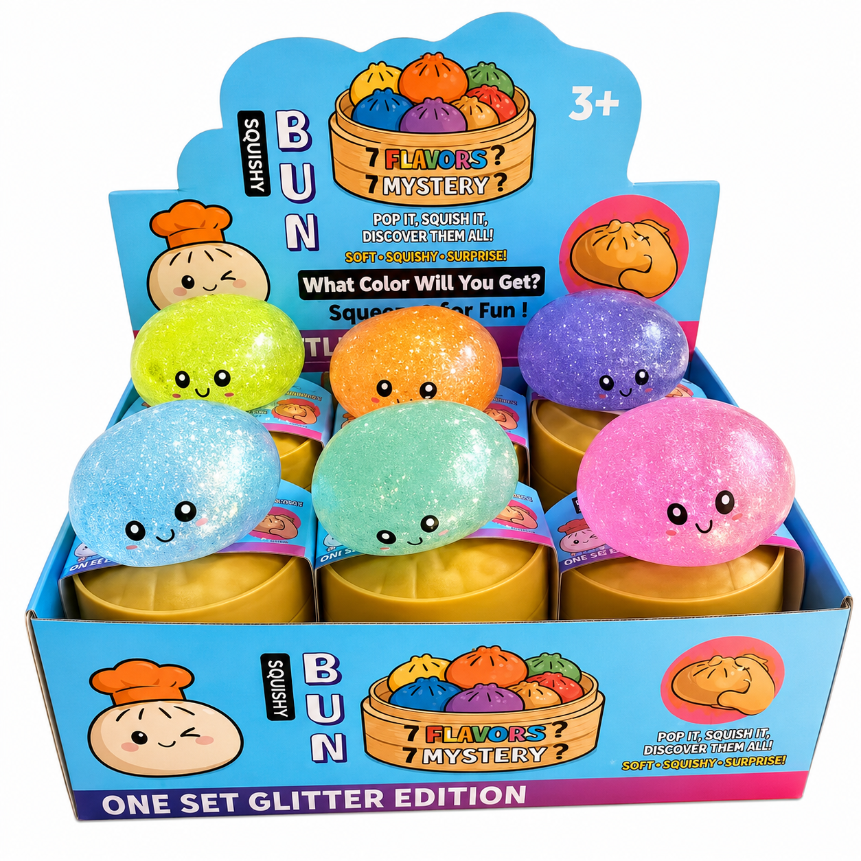 a mystery dumpling-shaped squishy fidget with assorted surprise colors, glittery finish, kawaii face, soft squeezable texture, and glow-in-the-dark feature in light blue, lime green, mint green, orange, pink, and purple