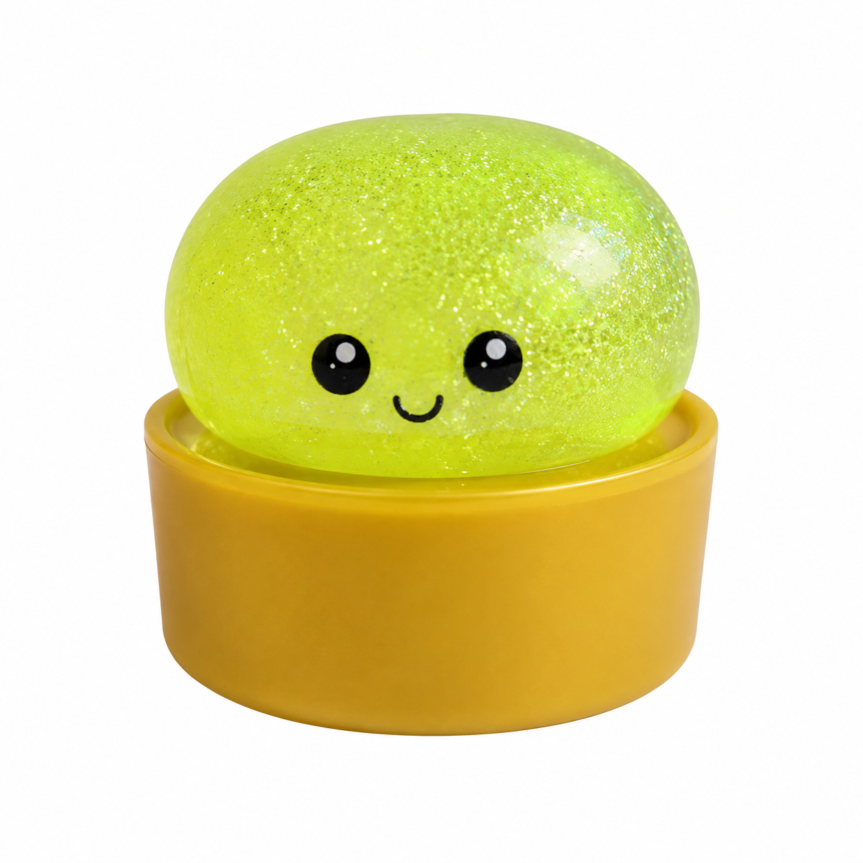 a lime green mystery dumpling-shaped squishy fidget with assorted surprise colors, glittery finish, kawaii face, soft squeezable texture, and glow-in-the-dark feature