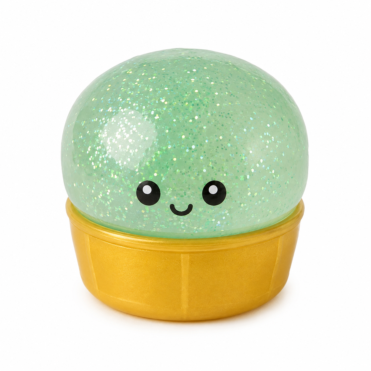 a mint green mystery dumpling-shaped squishy fidget with assorted surprise colors, glittery finish, kawaii face, soft squeezable texture, and glow-in-the-dark feature