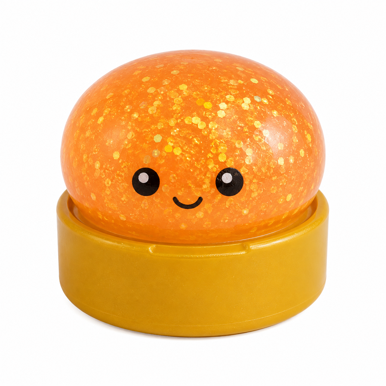 an orange mystery dumpling-shaped squishy fidget with assorted surprise colors, glittery finish, kawaii face, soft squeezable texture, and glow-in-the-dark feature