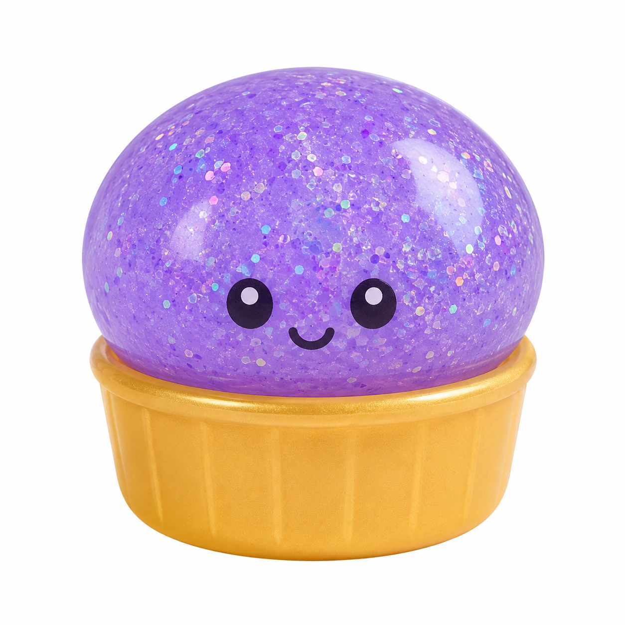 a purple mystery dumpling-shaped squishy fidget with assorted surprise colors, glittery finish, kawaii face, soft squeezable texture, and glow-in-the-dark feature
